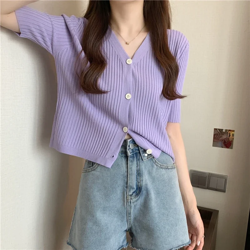 Summer Knitted Cardigans Women Korean Fashion Basics Multicolor Ice Silk Thin Short Sleeve Cardigan Crop Tops