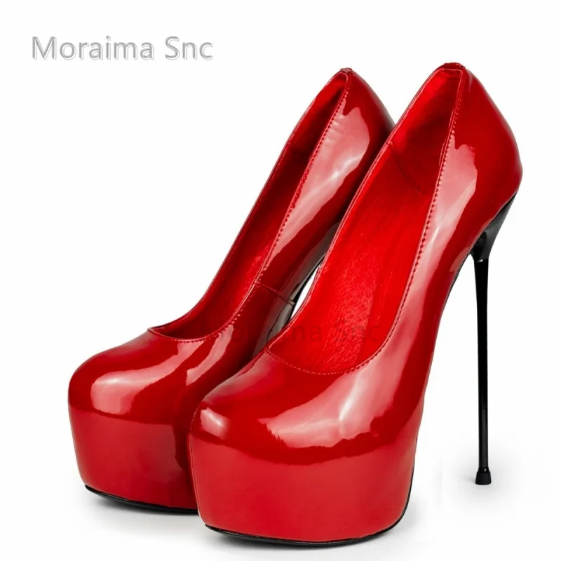 

Women's Super High Heels Platform Pumps Red/black/white Round Toe Patent Leather Shallow Slip On Elegant Party Wedding Shoes