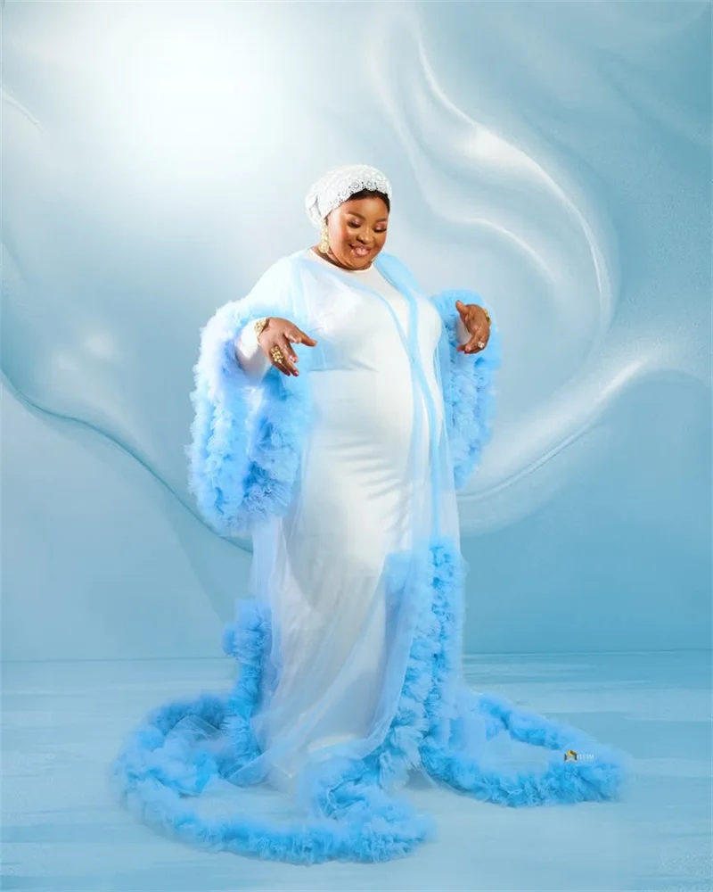 2 Pcs Women Pregnant Prom Dress Photoshoot Formal White Blue Maternity Tiered Tulle Bridal Morning Robe Customized Night Gown