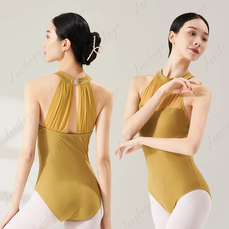 

Elegant Mesh Splice Ballet Jumpsuit Ladies Halter Slim Dance Exam Practice Dancewear
