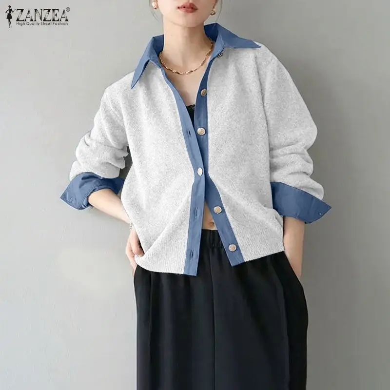 

ZANZEA Elegant Office Lady Shirts Women Fashion Long Sleeve Blouse Spring Autumn Color Patchwork Casual Loose Blusas Femininas