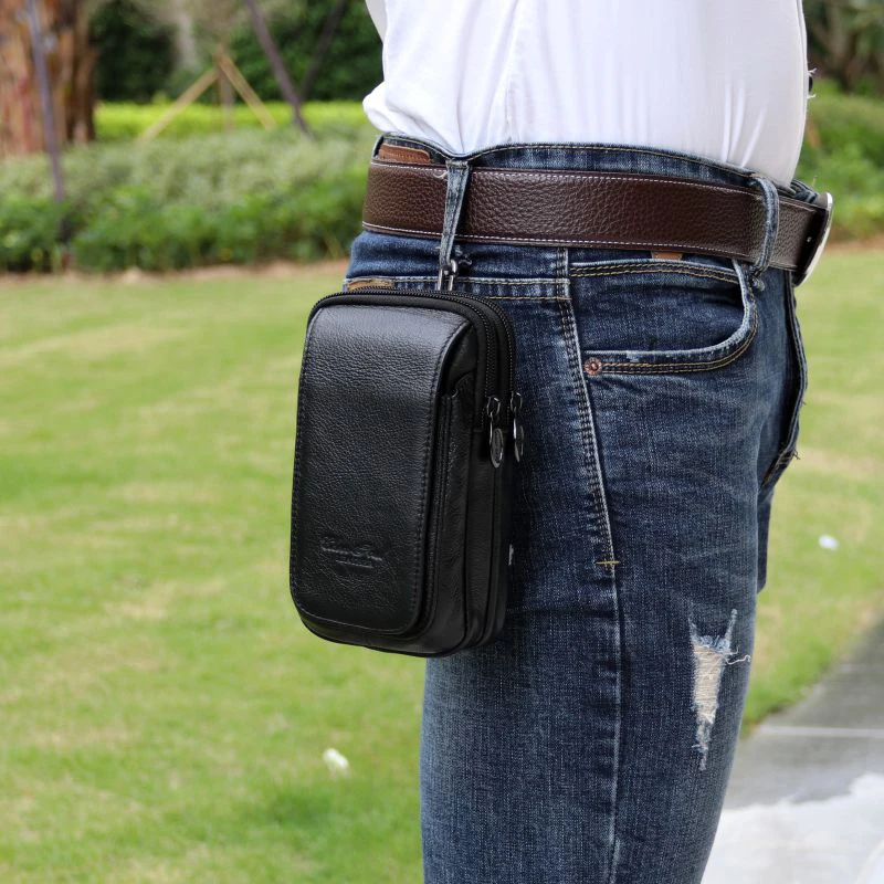 Genuine Leather Cell/Mobile Phone Case Cover Belt Fanny Waist Pack Bags Purse Money Real Cowhide Male Bum Pouch Hook Bag