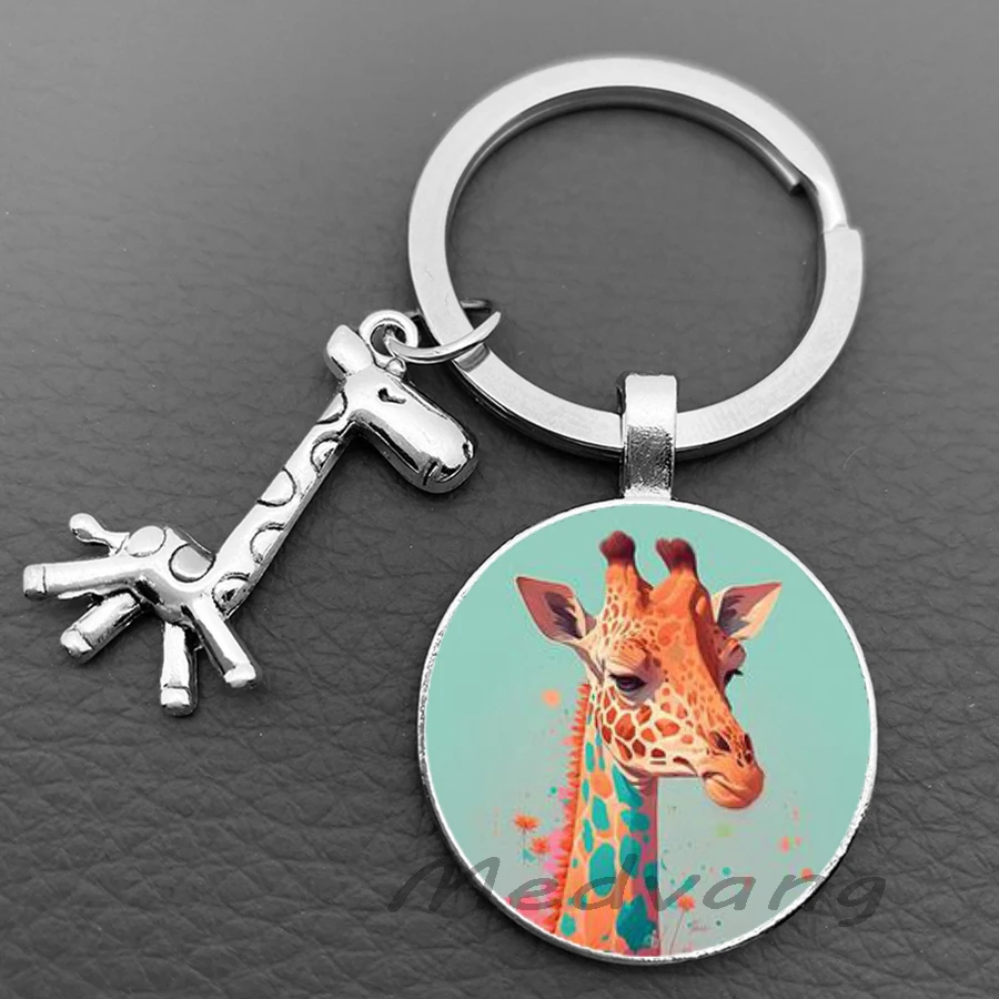 2024 Cute cartoon deer keychain fashionable colorful giraffe glass dome women\'s keyring car keychain jewelry gift