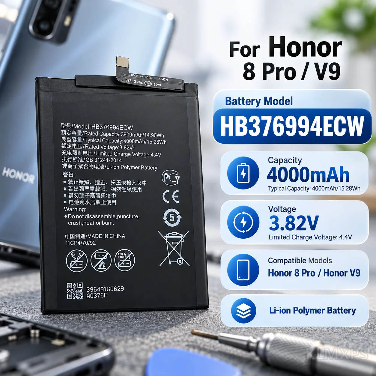 Replacement Battery 4000mAh HB376994ECW For Huawei Honor 8 Pro V9 DUK-AL20 DUK-L09 DUK-TL30 Phone Repair Internal Battery