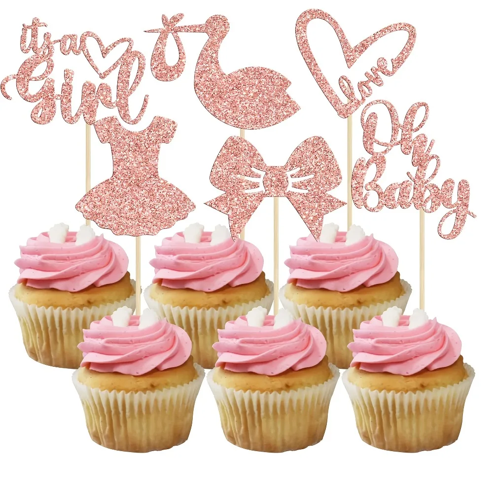 12 Stück Oh Baby Cupcake-Topper mit Schleife, Kleid, Herzchen und Glitzer, Kuchendekoration für Baby-Geburtstag