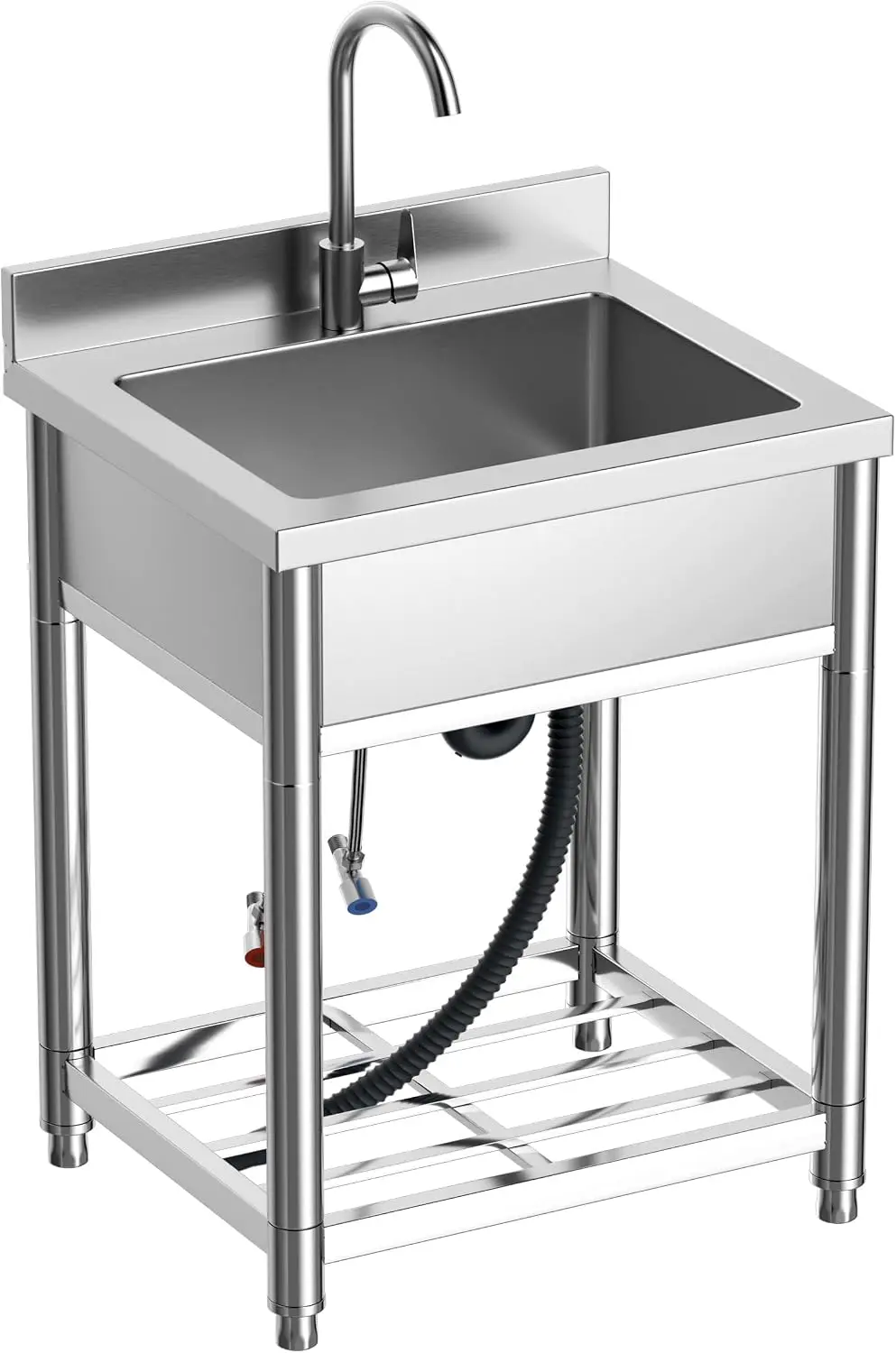 Stainless Steel Commercial Kitchen Sink, Free Standing, Single Bowl Sink Basin with Cold & Hot Water Faucet, Indoor and Outdoor