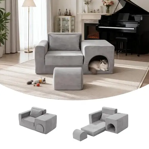Boneless Folding Sofa Bed, Convertible Chair to Bed with Ottoman | Pet Friendly Easy Clean Scratch Resistant Fabric, No