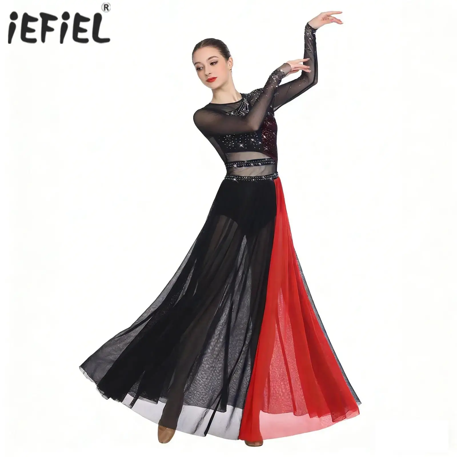 

Womens Adult Ballet Lyrical Dance Ballerina Tutu Dress Shiny Rhinestones Side Split Sheer Mesh Modern Contemporary Dance Costume