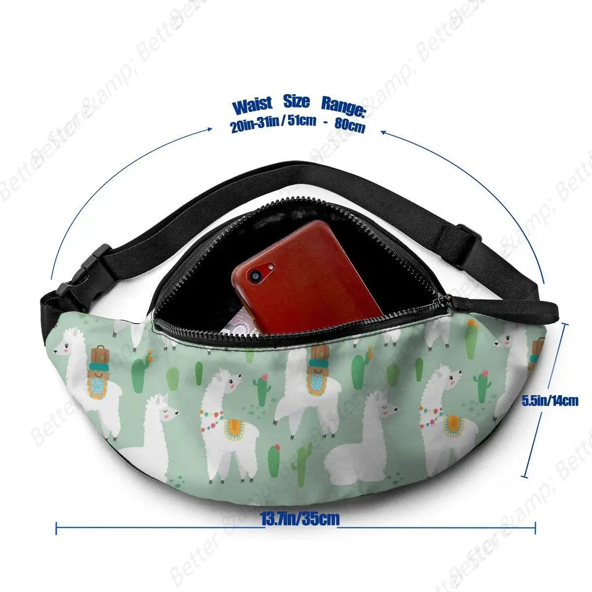 Cute Llama Set with Cactus Waist Bag with Headphone Hole Belt Bag Adjustable Sling Pocket Fashion Hip Bum Bag for Women Men