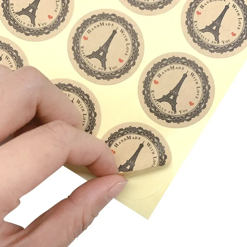 100Pcs/lot Seal Stickers Round handmade with love Tower design Kraft Label Seal Adhesive Kraft Seal Sticker