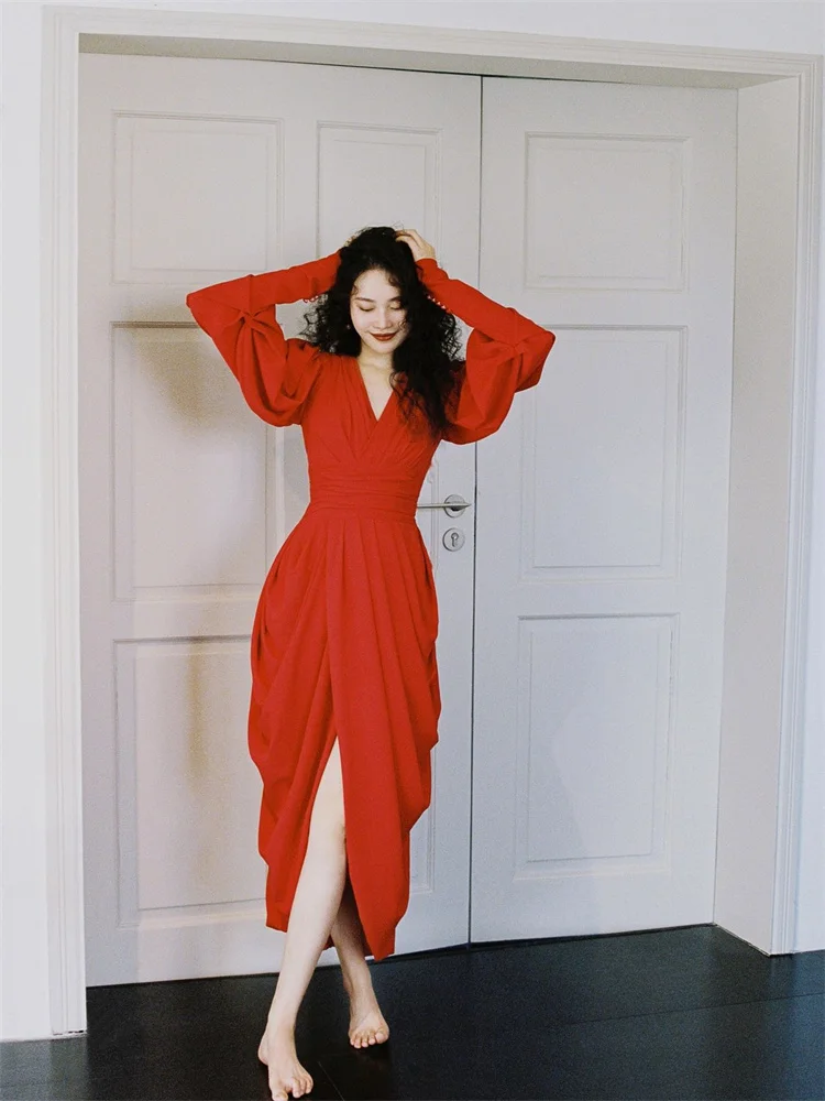 

Элегантный красный халат в китайском стиле для невесты, роскошное свадебное платье, наряд для помолвки, с завышенной талией и рукавами-фонариками