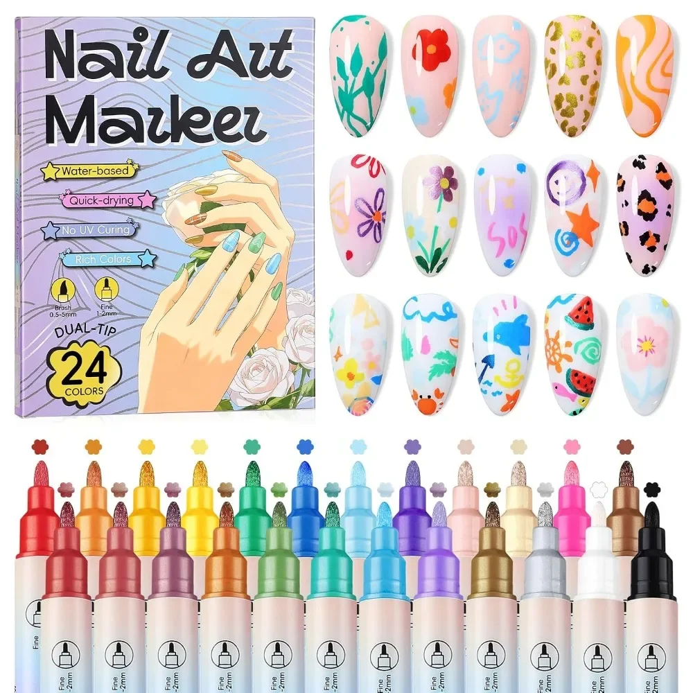 12/24 Colors Nail Art Markers Set Dual Tip Brush and Fine Tip Water Based Nail Pen Quick Dry Drawing Pen for Nail Design DIY