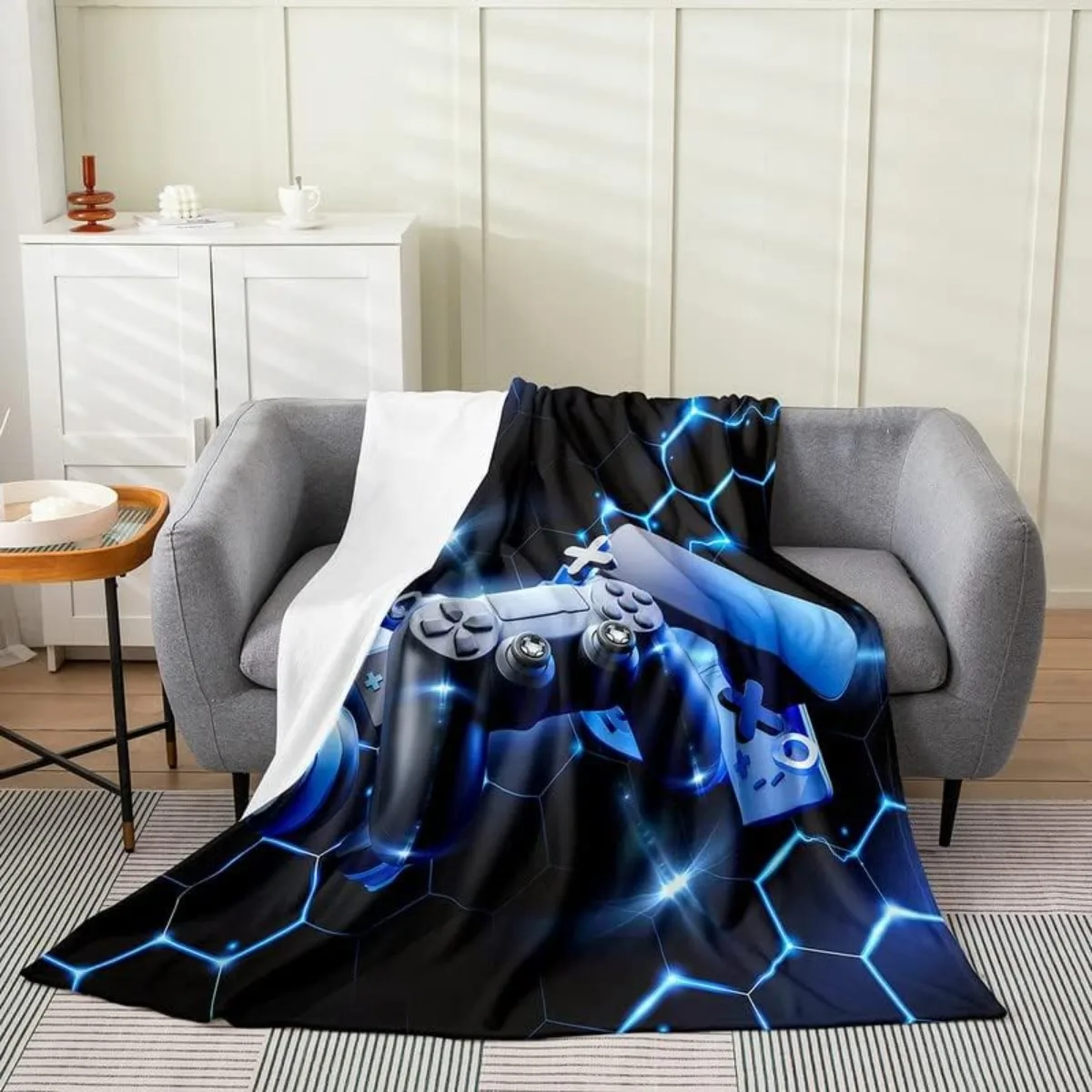 Gamer Fleece Throw Blanket for Kids Boys Girls,Video Game Lightning Blue Gamepad Controller Blanket Room Decor Throw