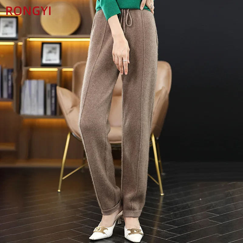 RONGYI 1O0% Merino Wool Women Pencil Pants With Pocket Thickened Autumn And Winter Warm Cashmere Knitted Wide Leg Pants Solid