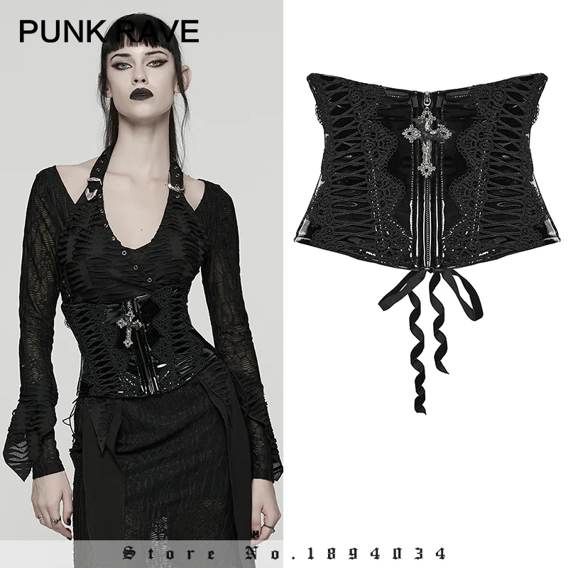 

PUNK RAVE Women's Gothic Symmetrical Lace Shiny Patent Leather Corset Dark Cross Bat Pendant Club Belt Accessories