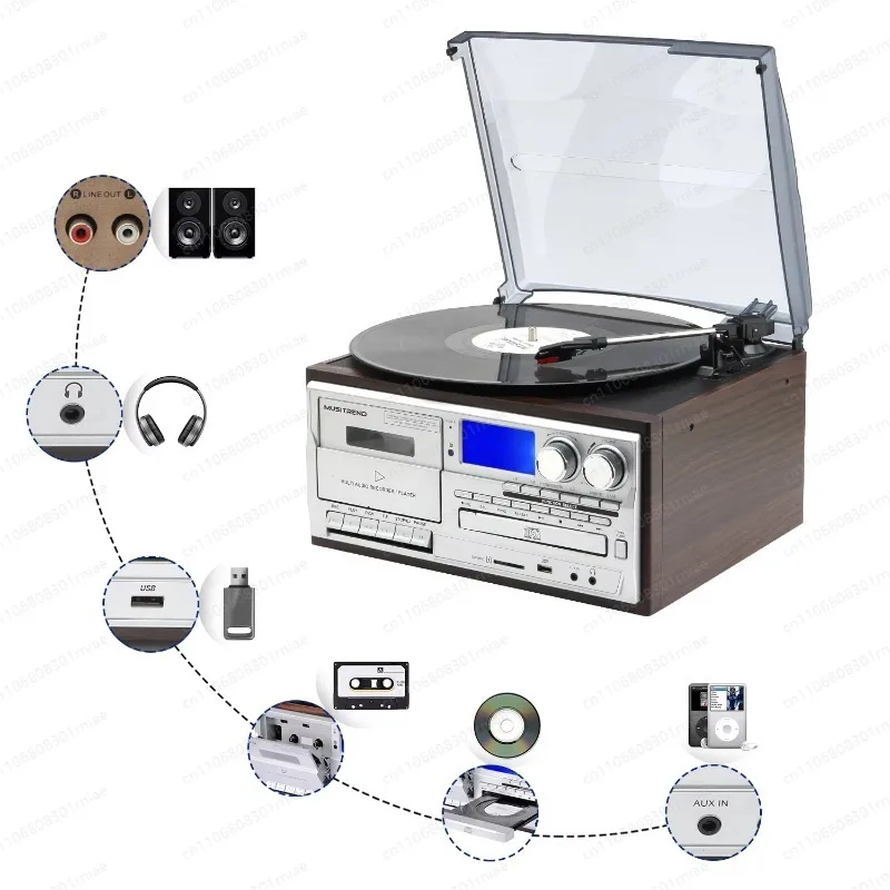 

Vinyl record player with external speakers, CD player, USB SD cassette playback and recording, radio
