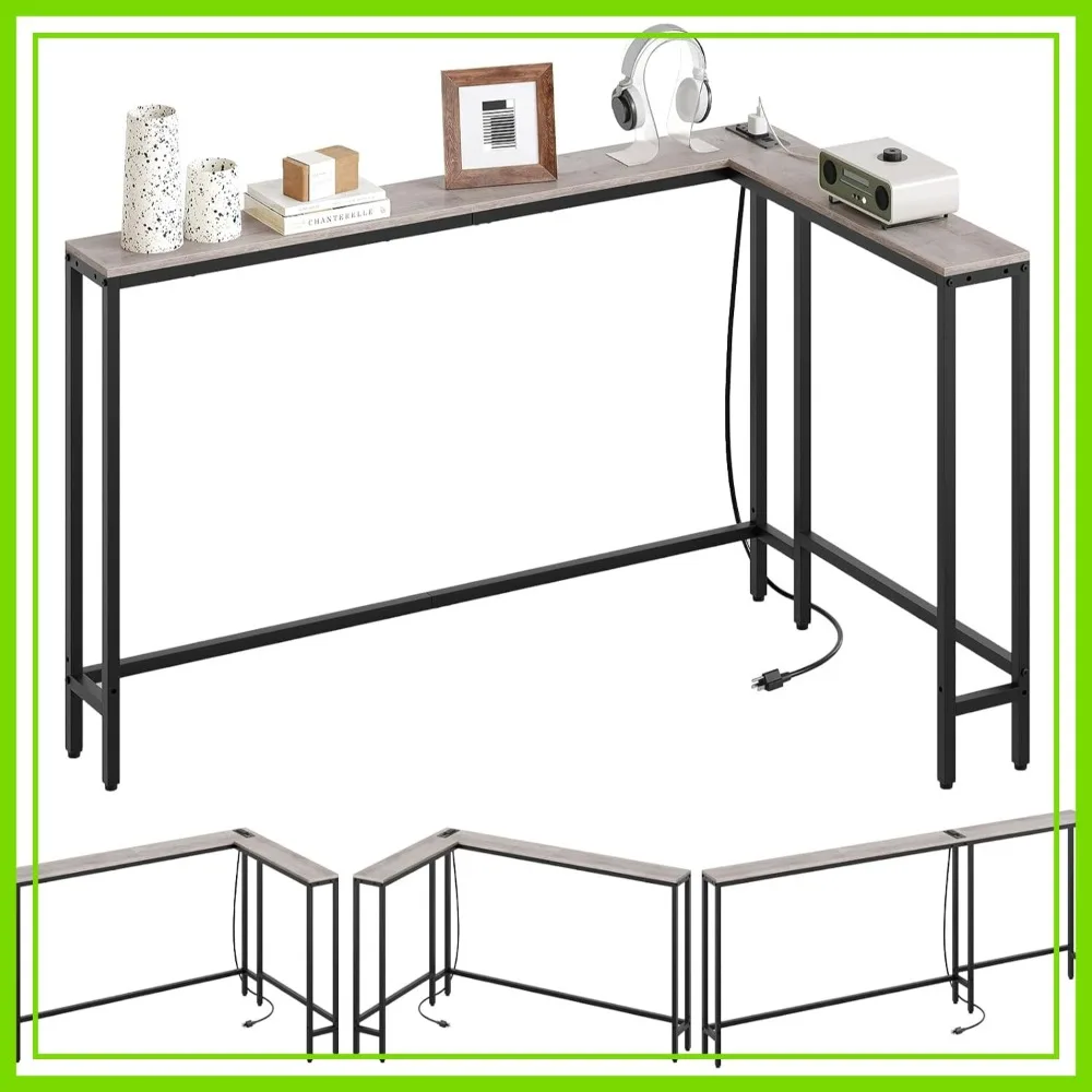 

Narrow Console Table with Outlets, 70.9" Sofa Table, L Shaped Behind Couch Entryway Table with Charging Station, 3 Assembly Options, Greige