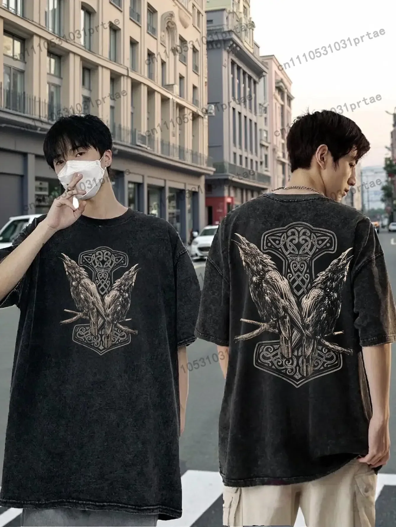 Unisex Vintage Distressed Black T-Shirt with Short Sleeves Featuring Graphic Designs for Men And Women Including Ravens And Red
