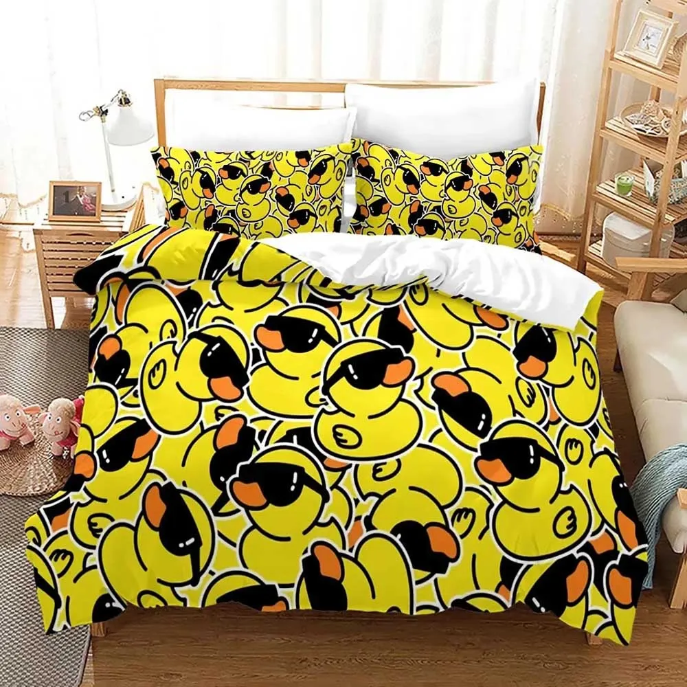 2-3 Cartoon Yellow Duck King Queen Duvet Cover  Lovely Animal Bedding Set Blue Bubble Quilt Cover Soft Polyester Comforter Cov
