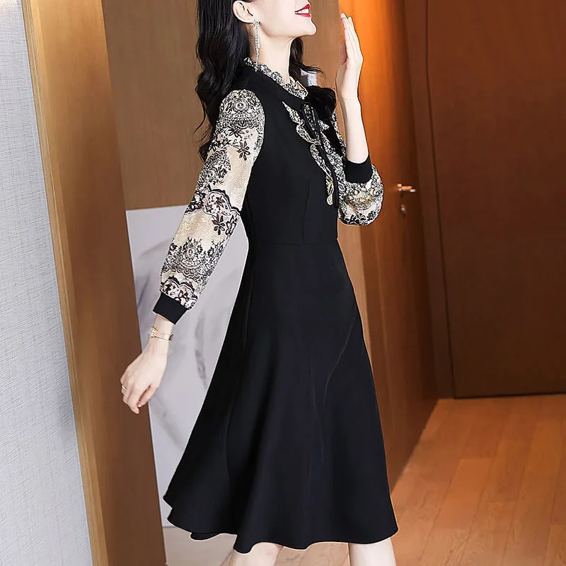 

2023 Autumn and Winter Women's Pullover Ruffled Neck Panel Printing Slim Fashion Casual Elegant Commuter Long Sleeve Dress