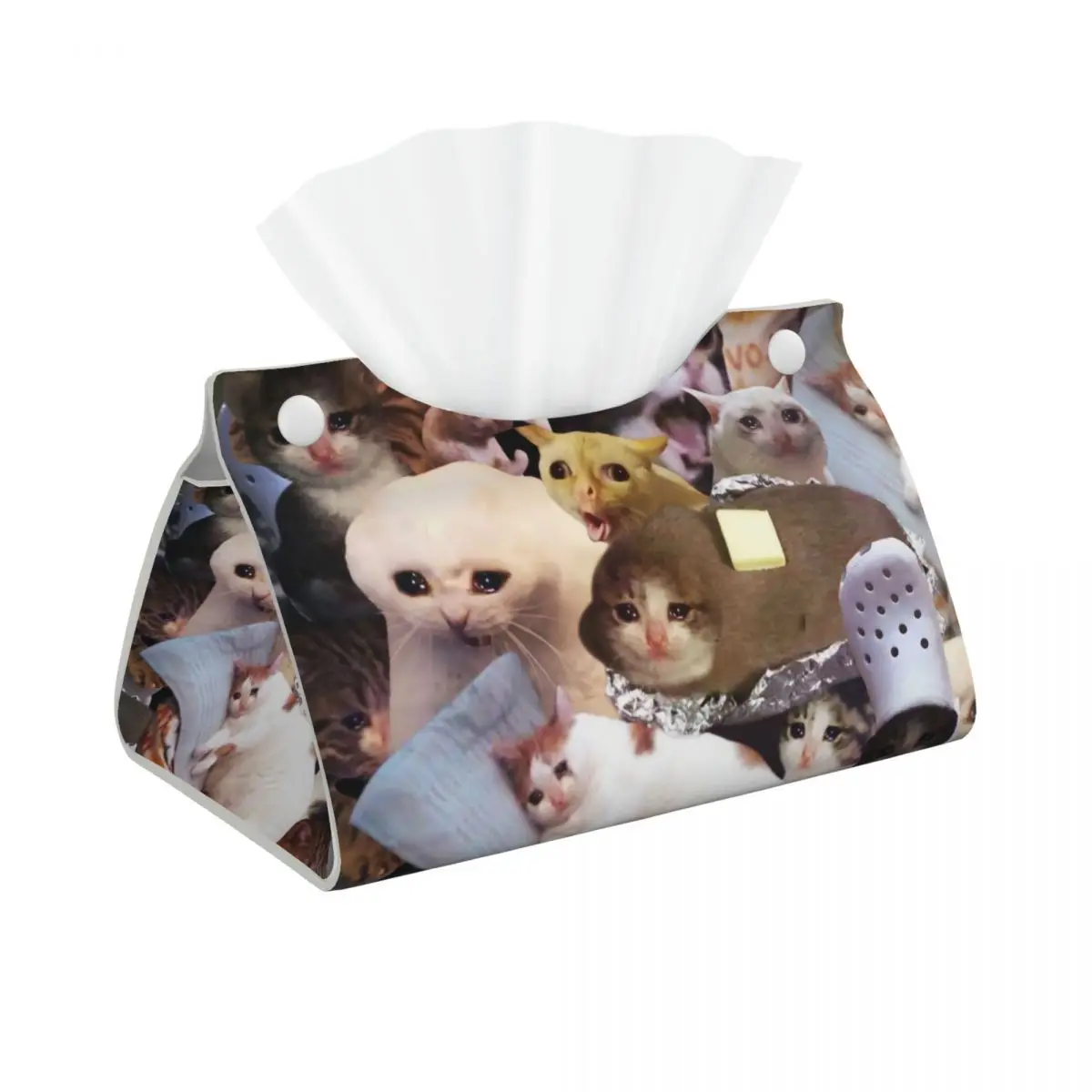 Custom Crying Cat Memes Tissue Box Cover for Bathroom Car Animal PU Leather Rectangular Facial Tissue Box Holder