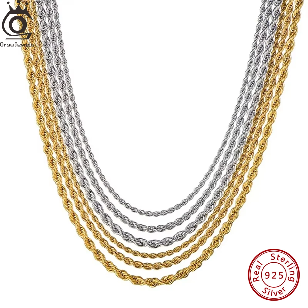 ORSA JEWELS 925 Sterling Silver 18K Gold Rope Chain Necklace 1.2 / 1.5 / 1.7mm Rope Link Collares 16-24 inches Basic Chain SC29