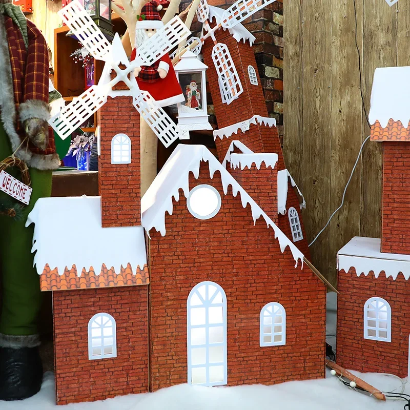 Christmas decorations, music, electric windmill, wooden house, snow house, castle, shopping mall with lights, hotel window scene