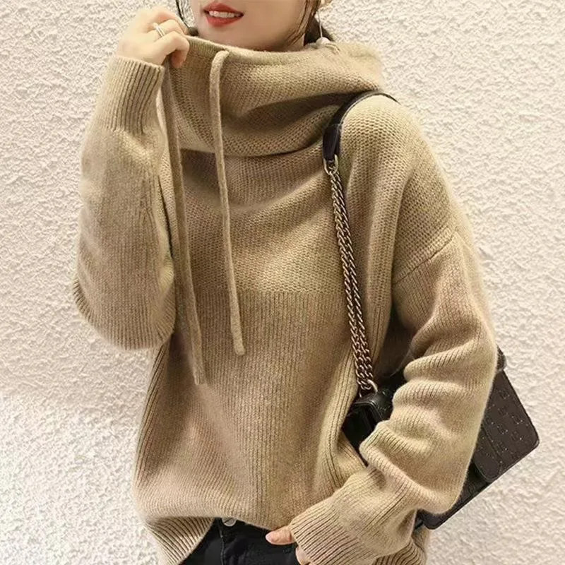 Autumn Winter Knitted Hoodies Pullovers Sweater Women Long Sleeve Sweatshirts Top Drawstring Knitwear Tops Office Lady Sweater 2