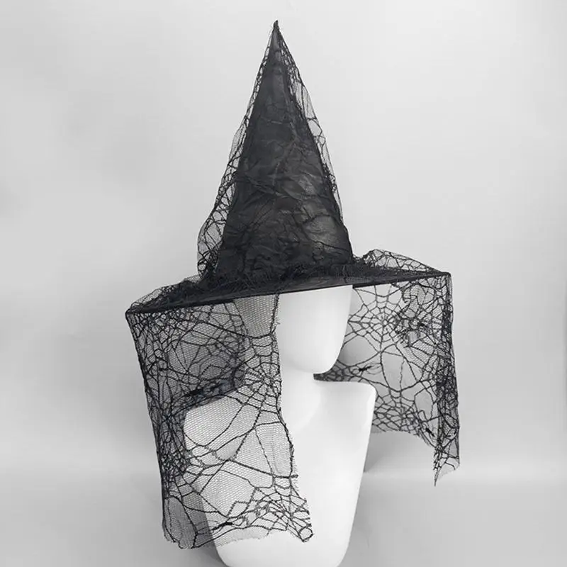 652F Halloween Party Retro Heksenhoeden Zwarte Sluier Tule Puntige Hoed Accessoire