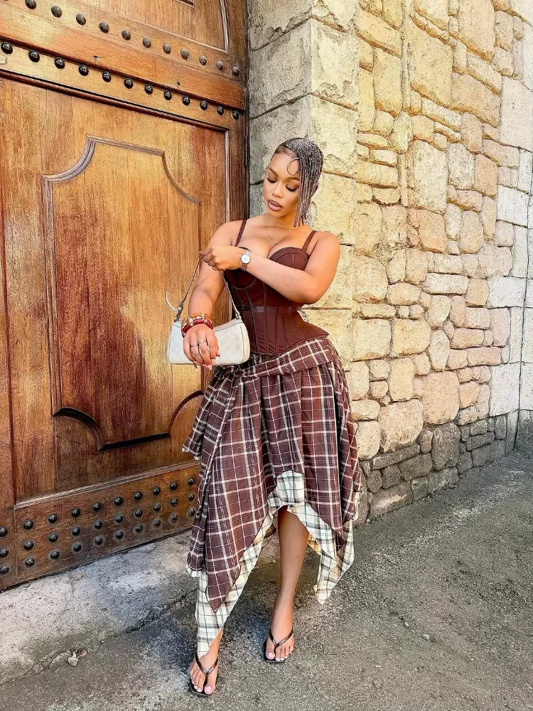 

Women's Irregular Hem Skirt Set Sleeveless Corset Top Retro Checkered High Waist Slim Fit Skirt 2-piece Set Fashion Party Outfit