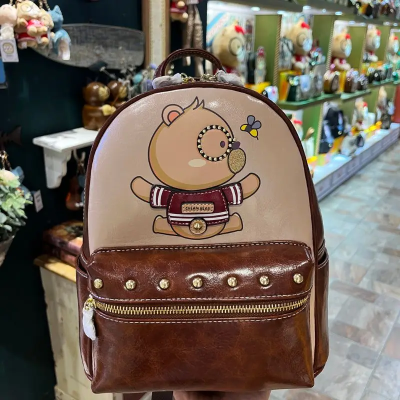 CREAM BEAR High Quality Designer Brown Leather Back Pack Fashion Leisure College Bag Computer Backpack Travel Backpack for Women