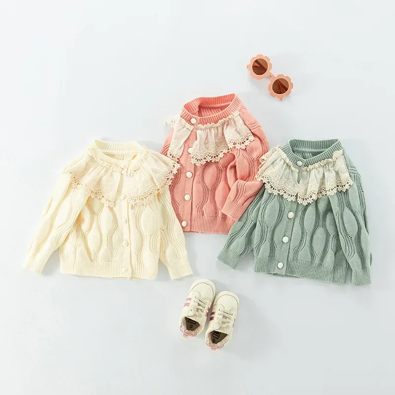 Baby Girls Sweaters Texture Knitted Jacket Girl 2024 New Autumn Outfit Children Lace Collar Solid Color Cardigan Sweaters