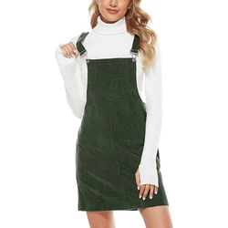 Corduroy Dresses Womens Solid Loose Sleeveless Strap Dress With Adjustable Big Pocket Ladies Fashion Suspender Dress Autumn