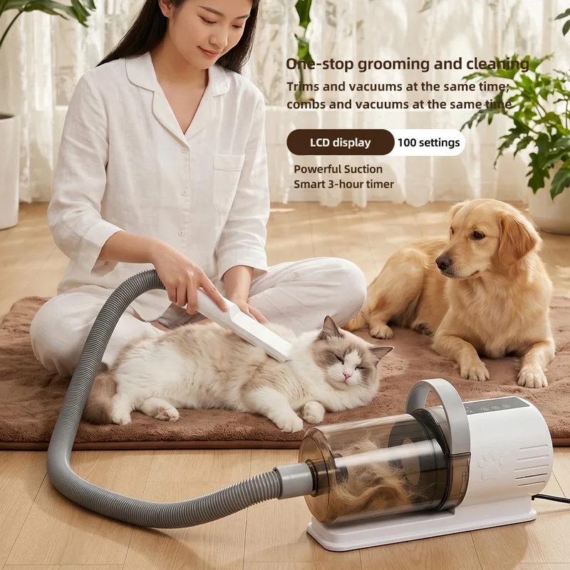 2026 New Pet Grooming Vacuum Kit 3 in 1 Clipper Trimmer Suction Hair Remover Cleaner for Dogs Cats LCD Display Powerful Suction