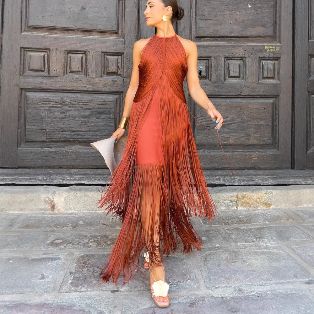 

Halterneck Tassel Long Dress Summer Women's New Solid Color Sexy Sleeveless Irregular Long Dress Платье Женское Vestidos