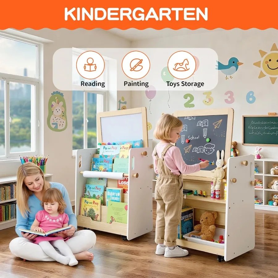 3in1 Wooden Art Easel with Wheels for Toddlers: Bookshelf Toy Storage Organizer and DualSurface Easel featuring Chalkboard Whit