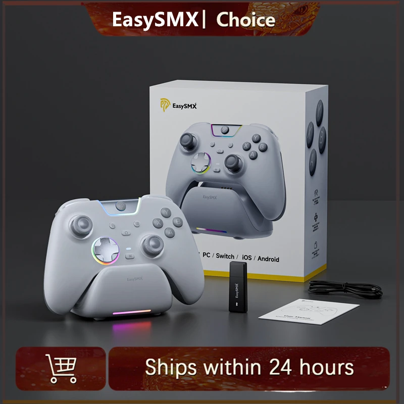 

Беспроводной игровой контроллер EasySMX X05 Pro белого и черного цвета для ПК, Windows, iOS, Switch, Android с зарядной док-станцией