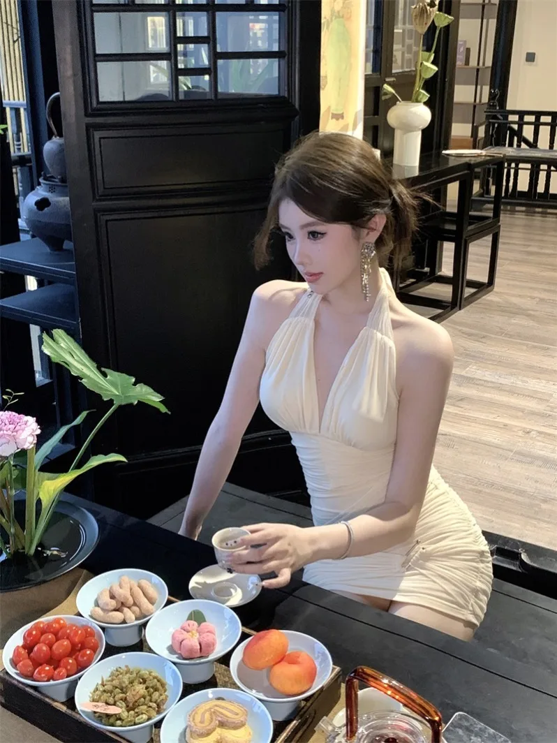 Summer New Sle Pure Desire Pleated Waist Cinched Svel Net Gown Bodycon Dr Trendy Women's Clothing