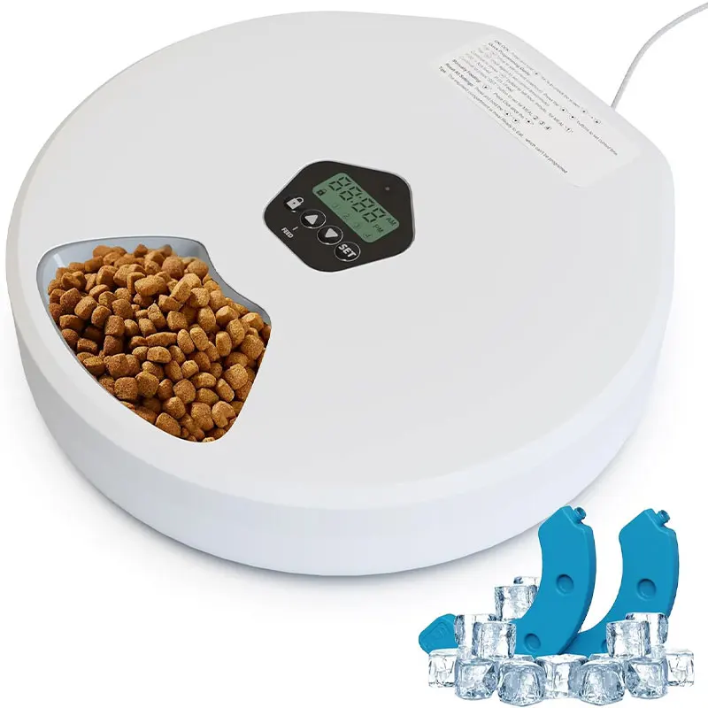 

Автоматическая кормушка для кошек с 2 пакетами льда, 5 диспенсером еды для корма для домашних животных, перезаряжаемый программируемый таймер, автоматическая кормушка для котенка/маленькой собаки
