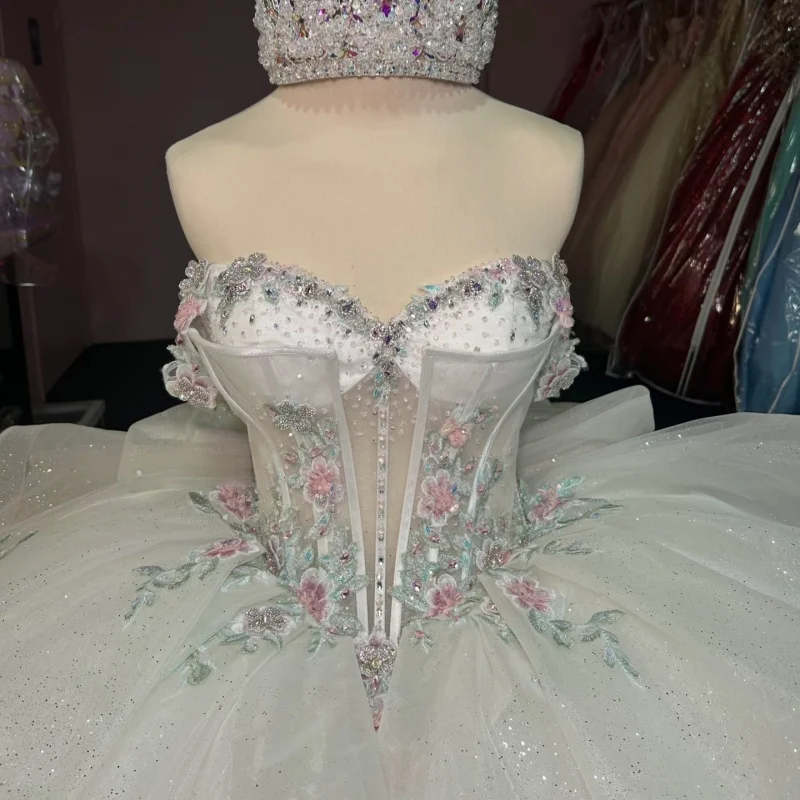 

White Quinceanera Dresses Off the Shoulder Crystal Glitter Flower Decal Long tail Bow Vestido De 15 Quinceanera Customize