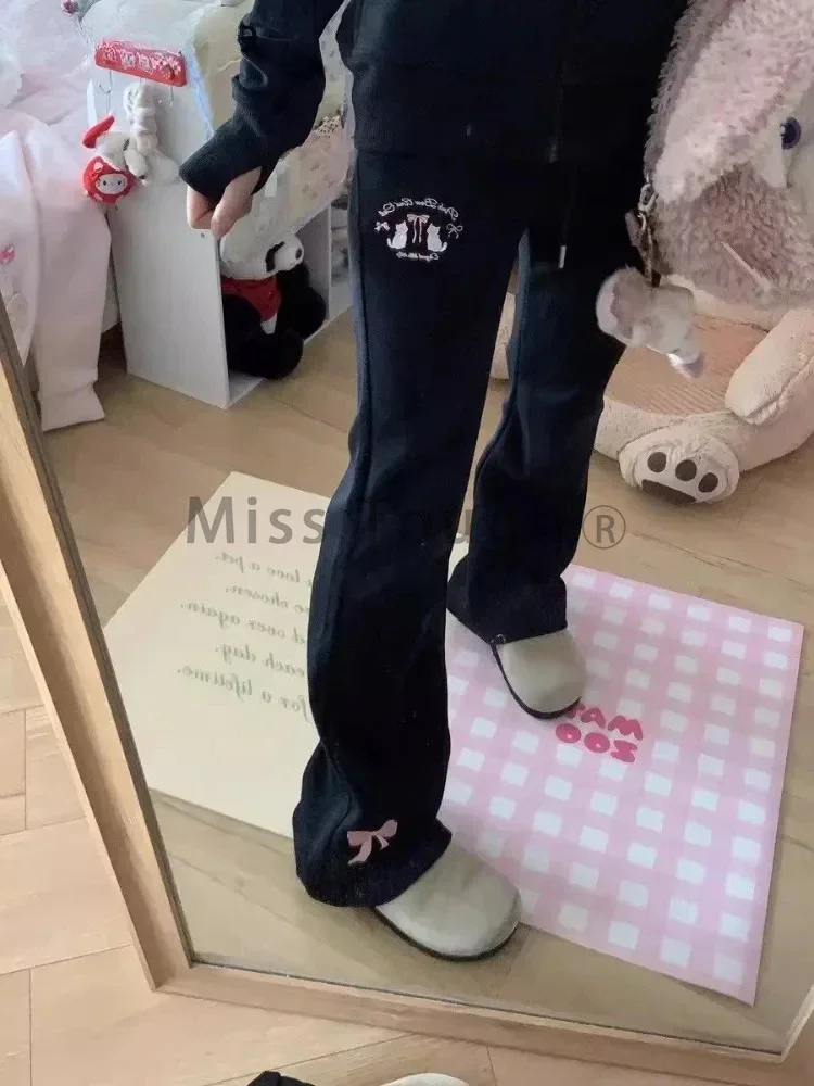 Japanese Kawaii Flare Long Pants Women Sweet High Waist Fashion Pantalon Femme Cute Cat Embroidery Slim Fit Trousers New Bottoms