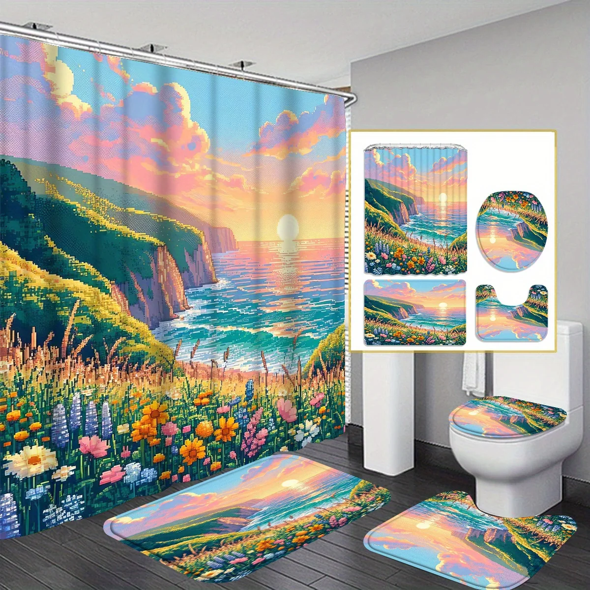 Flower field Decorative Shower Curtain Bathroom Set - Machine Washable, with 12 Hooks, including Toilet Seat Cover and Bathtub