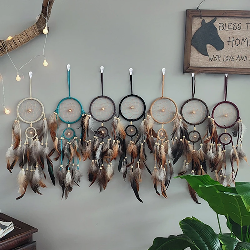 1Pc Indian Dream Catcher With Brown Feathers Wall Hanging Dream Catcher Bedroom Accessories Wind Chime Dream Catcher Home Decor