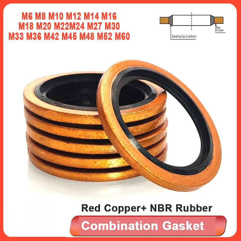 High Press Hydralic Rubber Oil Pipe Pad Seal Gasket M6/M8/M10/M12/M14/M16~60mm NBR Red Copper Bonded Washer Oring Assortment