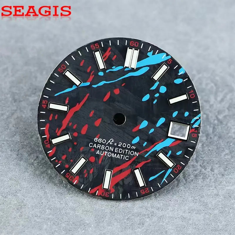 

SEAGIS Циферблат из углеродного волокна 28,5 мм Красный Синий Узор Синий люм NH35 Мод Без логотипа Циферблат часов