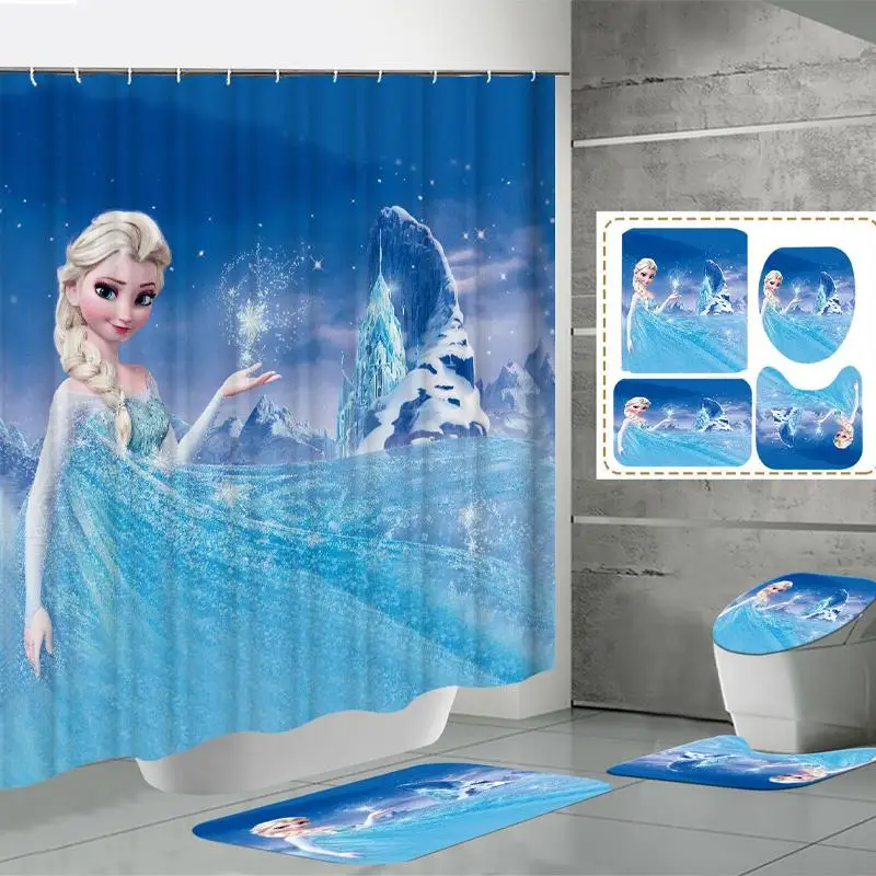 Frozen Shower Curtain Four Piece Set Elsa Princess Bathroom Printing Water Proof Shower Curtain Carpet U-Shaped Pad Wholesale