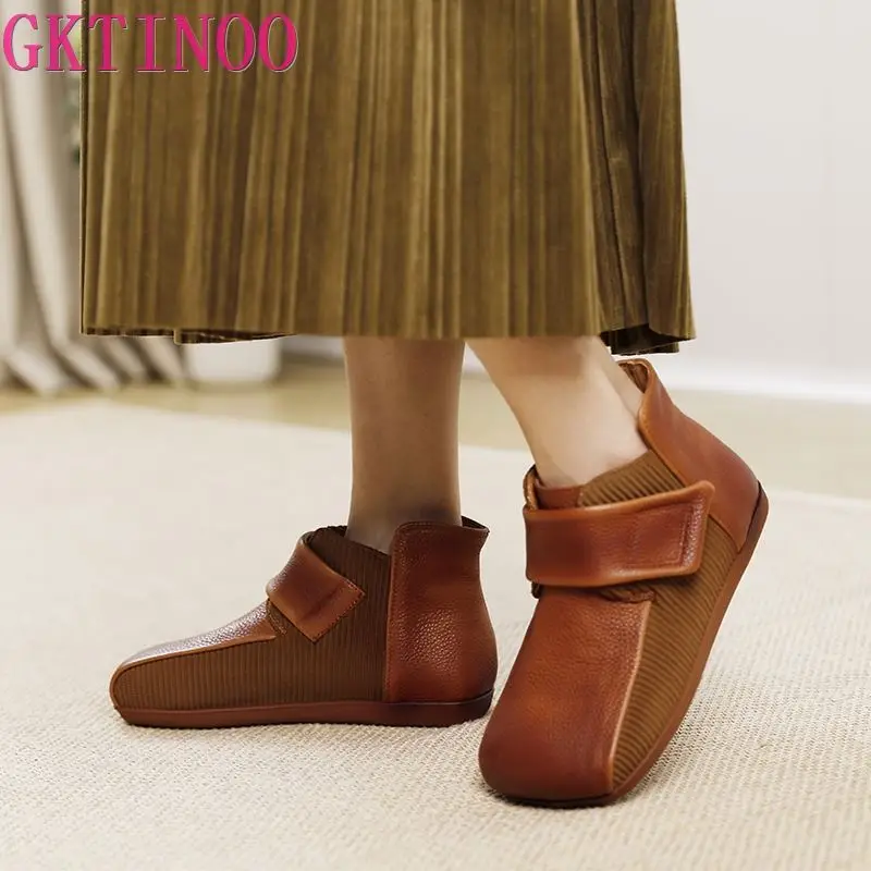 

GKTINOO/2023; Женские ботинки в стиле ретро с квадратным носком; Обувь на плоской подошве; Роскошные короткие ботинки из натуральной кожи на липучке; Женские ботильоны на мягкой подошве