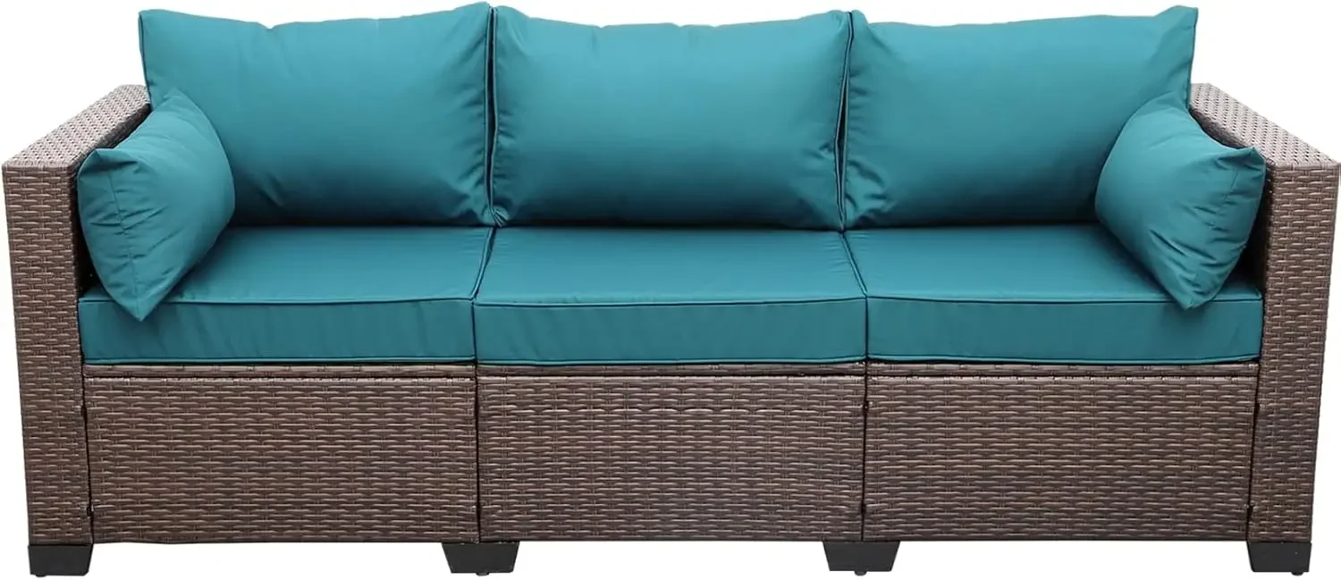 

Patio Couch PE Wicker 3-Seat Outdoor Brown Rattan Sofa Deep Seating Furniture with Non-Slip Peacock Blue Cushion