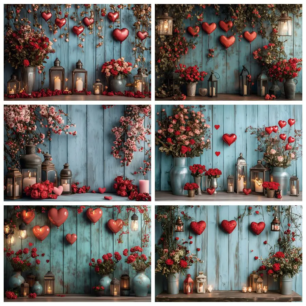 February 14 Valentine's Day Backdrop Romantic Scenes Red Love Heart Blue Wood Wall Floral Wedding Photography Background Prop