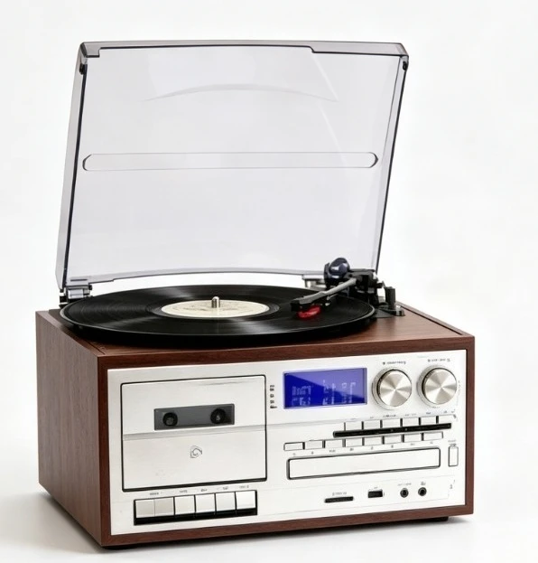Vintage Bluetooth Vinyl Turntable All In One Player CD Cassette AM/FM Radio Built-In Speaker USB Audio Recorder For Home Use